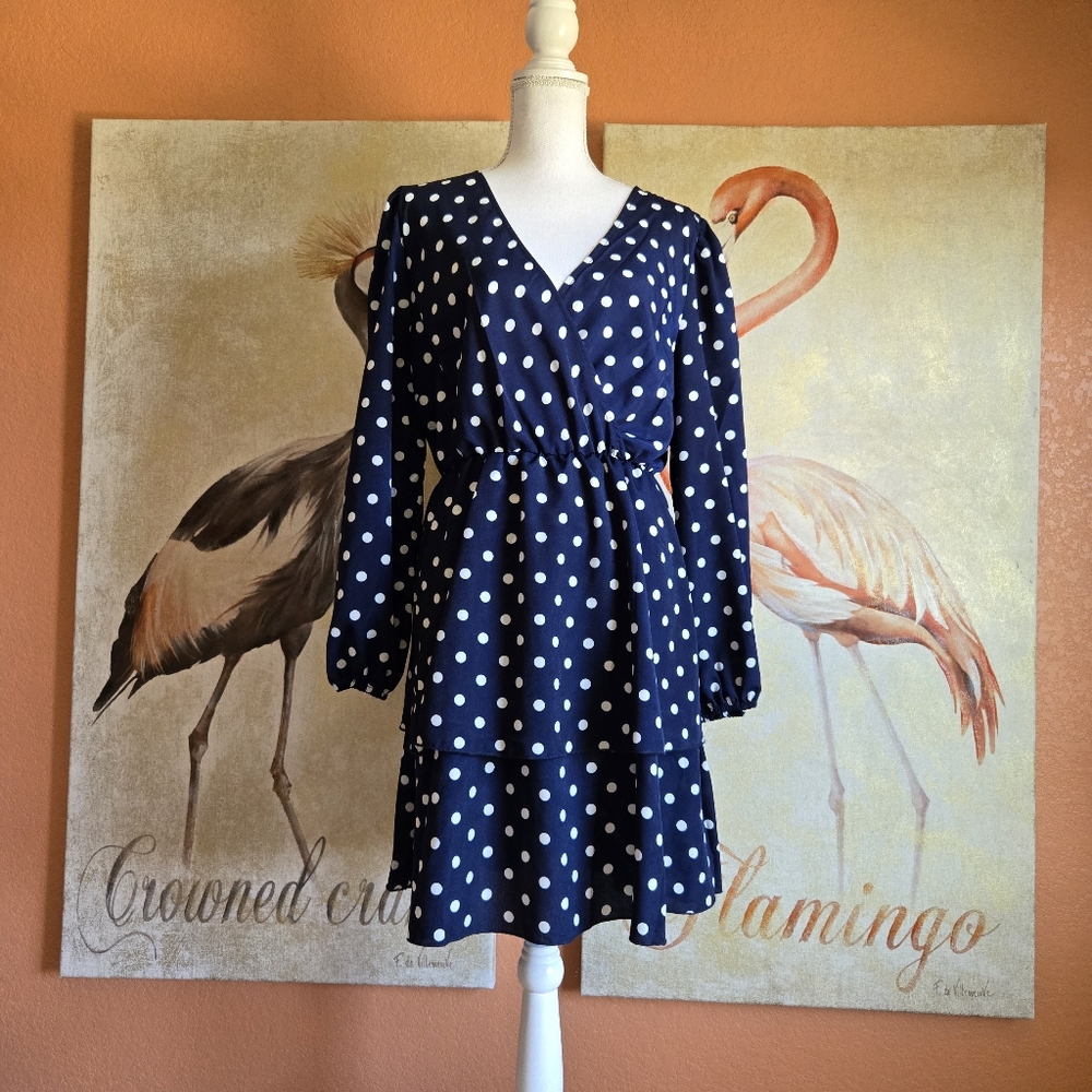 3/$25 NWOT Shein Curve Polka Dot Mini Dress Long Sleeve V Neck Tiered Navy 1XL
